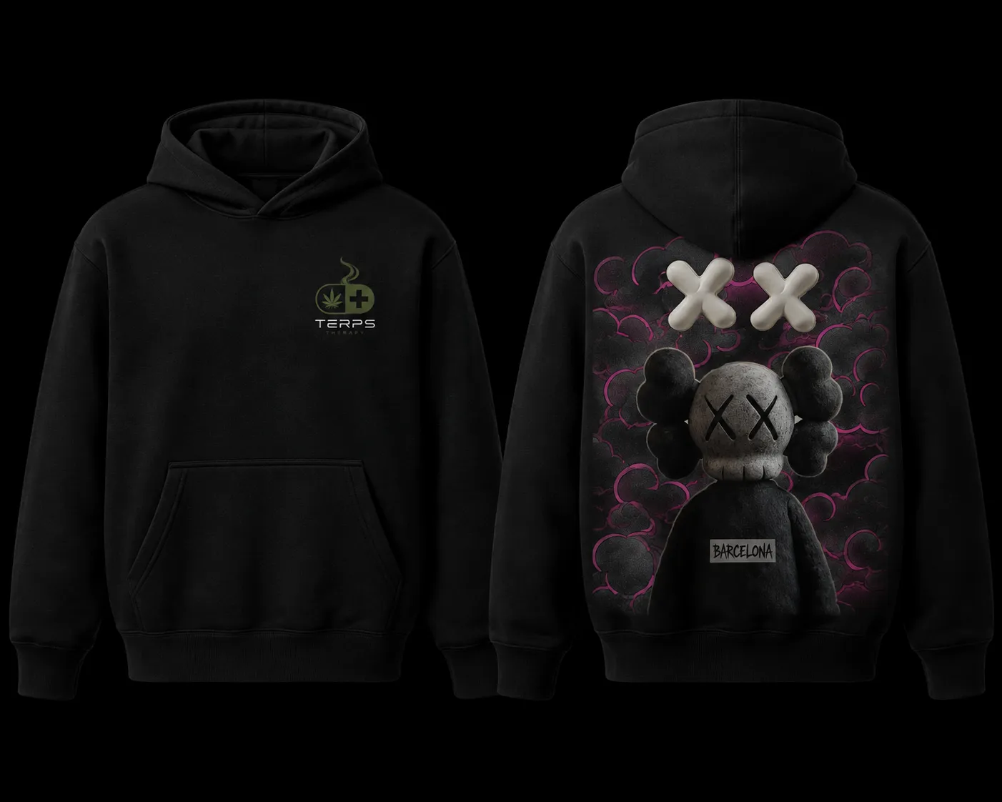 Terps Therapy Barcelona hoodie, front and back view