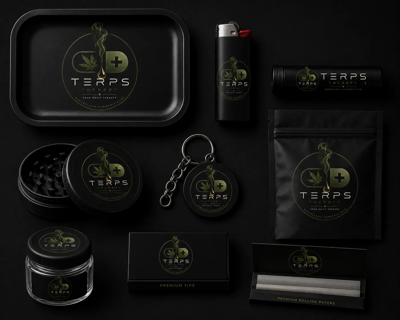 Terps Therapy club kit: rolling tray, grinder, jar and papers in black and gold
